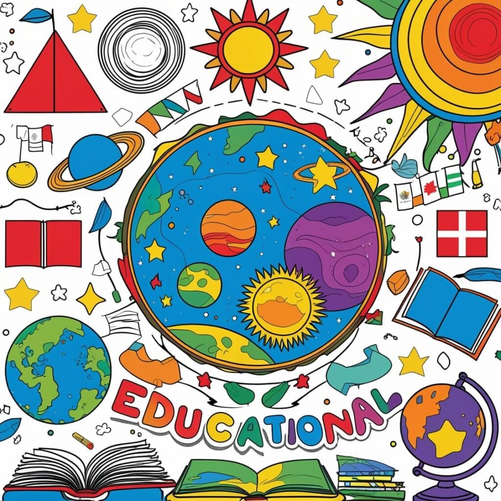 Vibrant and engaging illustration featuring geometric shapes (circle, square, triangle), colorful planets with stars, and national flags, surrounded by books, pencils, and a globe, designed in a kid-friendly coloring book style.