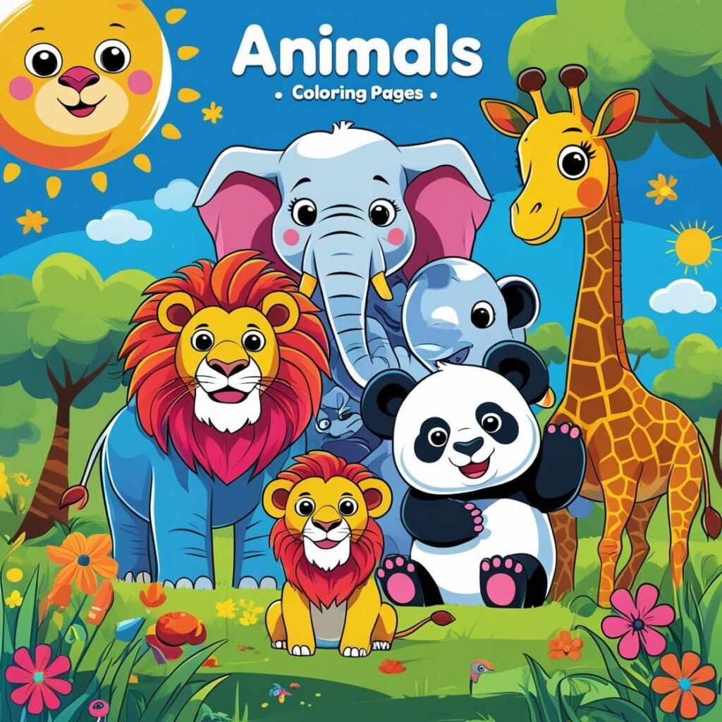 Colorful cartoon-style image of animals, including a lion, elephant, giraffe, panda, and parrot, surrounded by grass, trees, flowers, and a sunny sky, designed for the 'Animals' category of a coloring pages website.