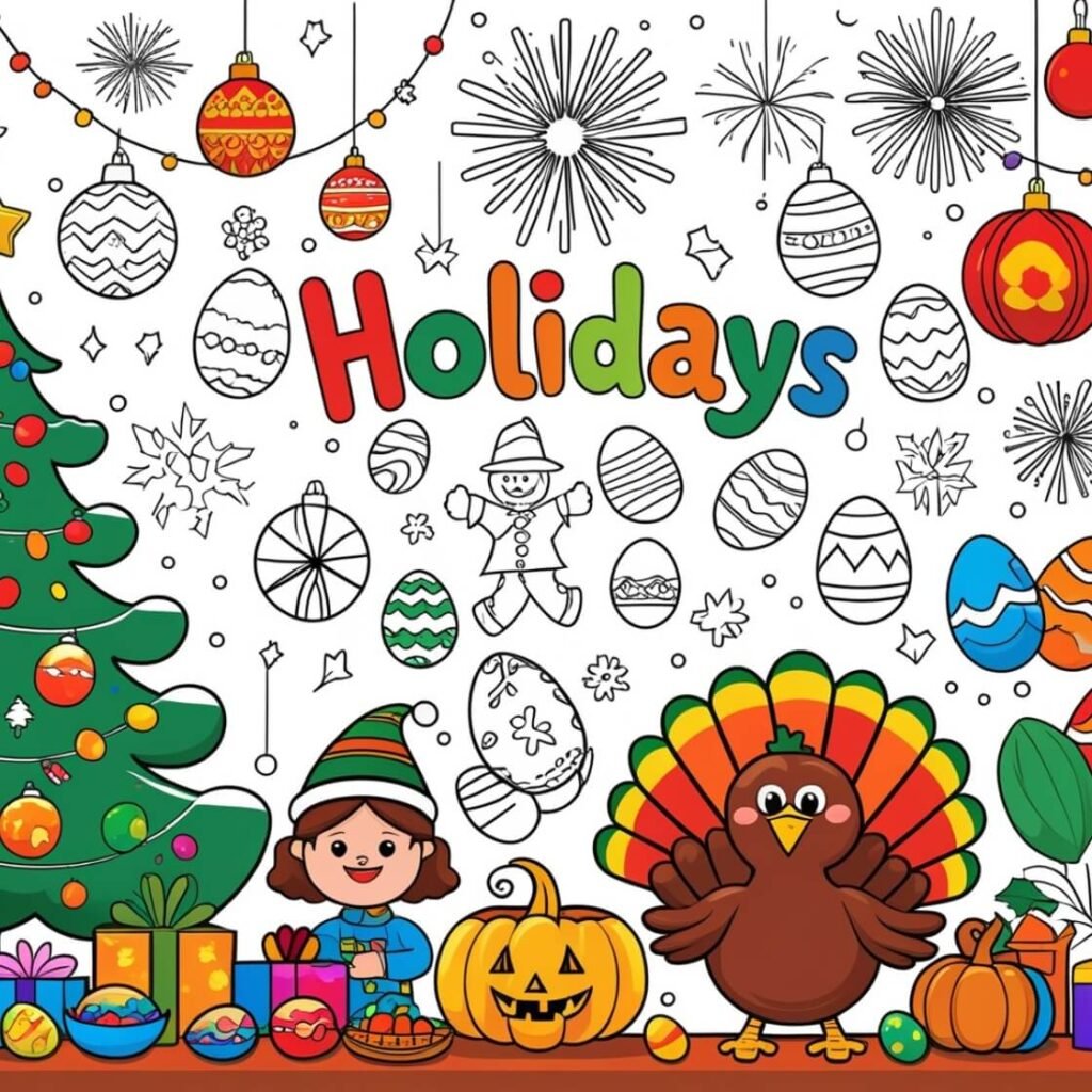 Festive and colorful illustration showcasing popular holidays, including a decorated Christmas tree with gifts, Halloween jack-o'-lanterns, colorful Easter eggs, and a Thanksgiving turkey, designed in a playful and kid-friendly style.